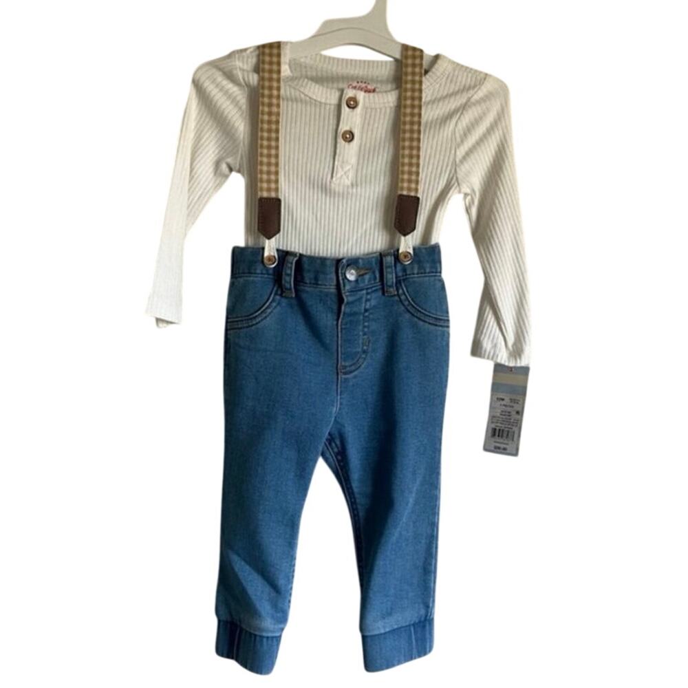 Cat & Jack Baby Boy 12M Outfit Denim‎ Pants Suspenders Shirt Set NWT